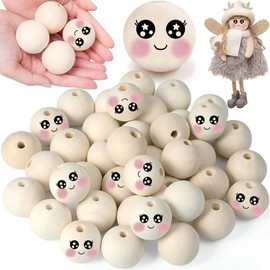 Yueser 30 mm Wooden Beads with Face, Pack of 30 Wooden Balls with Face for Worm 30 mm Wooden Beads with Face Worm Wooden Heads with Face Lucky Worms Beads with Face Wooden Balls with Hole