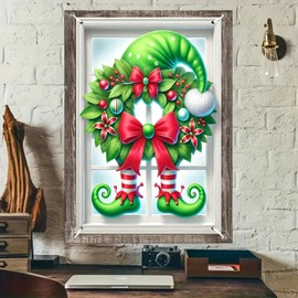 BlissYard Christmas Window Cover Elf Hat Holiday Window Banner Green Wreath Red Berries Christmas Balls Bow White Window Frame Winter Light Xmas Party Indoor Seasonal Background Decoration