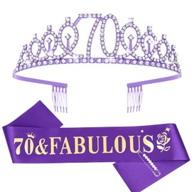 Purple 70th Birthday Sash and Tiara for Women, 70th Birthday Decorations for Women, 70 & Fabulous Sash and Crown Set, 70th Birthday Gifts for Women, Happy 70 Birthday Party Supplies