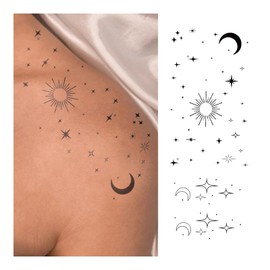 WEEKINK Celestial Temporary Tattoos – Realistic & Long-Lasting Sun Moon Star Minimal Fake Tattoos, Waterproof Semi-Permanent Body Stickers for Shoulder, Neck, Collarbone
