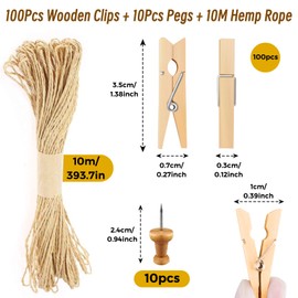 100Pcs Wooden Pegs, Clothes Pegs for Washing Line Small Pegs Wood Craft Clips with 10 Thumbtacks and 10m Twine for Hanging Photos, Arts and Craft （3.5×0.7cm / 1.4×0.3inch）