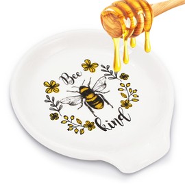 Whaline Bee Spoon Rest Kitchen Decoration Queen Bee Ceramic Coffee Spoon Holder Bee Kind Sauce Dishes Farmhouse Ring Dish for Kitchen Office Summer Bee Day Party Decor