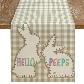 ARKENY Easter Table Runner 13x120 Inches, Bunny Rabbit Hello Peeps Spring Holiday Farmhouse Buffalo Plaid Burlap Indoor Table Decorations for Home AT562-120