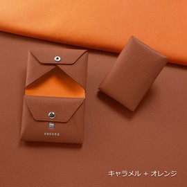 COGURE COPEC3 Card Case, Business Card Holder, Coin Purse, Genuine Leather, Shrink Calf Leather, Bifold, Caramel + Orange