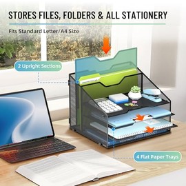 SUPEASY Organizador de archivos de escritorio, organizador de bandeja de papel de malla con 4 bandejas de letras y 2 soportes verticales para archivos
