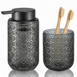 Grey Glass Bathroom Liquid soap Dispenser and Toothbrush Holder Set