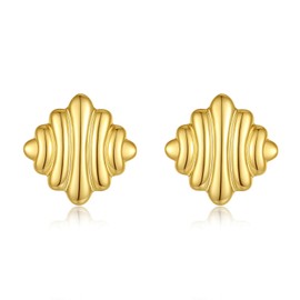 Women's Gold Stud Earrings, Large Statement Earrings with Stripes, Square Earrings, Gold-Plated, Hypoallergenic Lightweight Jewellery, Gifts for Women, Copper, No Gemstone