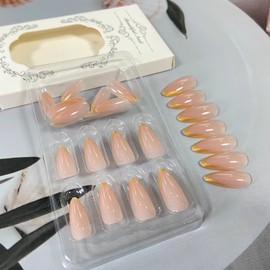Gold Glitter Press on Nails Medium Almond Fake Nails Nude Full Cover French Tip False Nails Acrylic Stick on Nails Reusable Glossy Stiletto Glue on Nails Artificial Nails for Women Girls Manicure