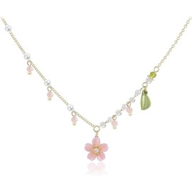 Lily of the Valley Pearl Necklace Cheery Daisy Green Leaves Lily Flower Pearl Pendant Floral Tassel Pink Flower Wedding Jewelry for Women (Pink, One Size)