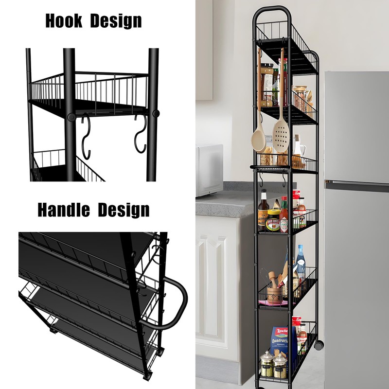 Seadasyoon 6 Tier 10in Slim Rolling Storage Cart with Handle,