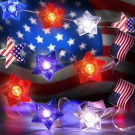 Aogist 50LED Independence Day Fairy Lights - 16ft Super Bright 3D Red White Blue Stars & American Flag 4th of July String Light Battery Operated Decor for Indoor/Outdoor Party Home Yard Tree Decor