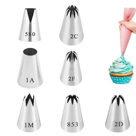 Set of 7 Professional Icing Nozzles Large (1A/853/1M/2D/2C/2F/580) for Decorating Cakes, Churros, Donuts, Nozzles Compatible with Piping Bags
