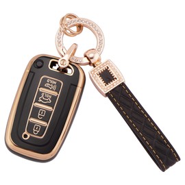 EKALA for Hyundai Key Fob Cover with Leather Key Fob Keychain, Soft TPU Key Fob Protector Shell Fit for Hyundai Genesis Elantra Sonata Tucson Santa Fe Kia 4 Buttons Keyless Entry Smart Key(BP-Hyd-4A)