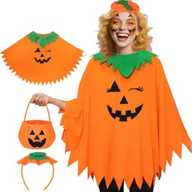 QIKKOP Disfraz Calabaza de Halloween para Mujer, con Diadema y Bolsitas para Dulces, Poncho de Calabaza para Adultos Disfraces para Fiesta de Halloween Carnaval Cosplay