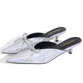 RONILURN Kitten Heels for Women Heeled Mules Stiletto Pumps Bow Closed Toe Pointed Toe Low Heel Slip on Fashion Metallic Backless Prom Party Dressy