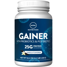 MRM Nutrition Gainer Protein with Probiotics + Postbiotics | Vanilla Flavored | 25g Protein | Whey Concentrate + Isolate + micellar Casein| Slow + Fast digesting| with Digestive enzymes | 18 Servings