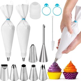 Icing Bags with Nozzles Set - 14 Pieces, 6 Stainless Steel Piping Nozzles + 2 Reusable Cotton Bags, Easy to Clean, Ideal for Decorating Cupcakes, Cakes and Pastries