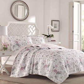 Laura Ashley Home Breezy Floral Collection Luxury Premium Ultra Soft Quilt Coverlet, Comfortable 3 Piece Bedding Set, All Season Stylish Bedspread, King, Pink and Grey