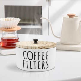 KAYIN Coffee Filter Holder,78oz Wooden Coffee Filter Container with Bamboo Lid, Round Organizer Container Storage for Coffee Pod and Filter, Coffee Bar Decor Accessories,6.3" × 6.3" × 3.54",White