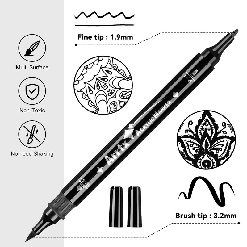 Arrtx Black Acrylic Paint Pens - 8 Pack Brush Tip