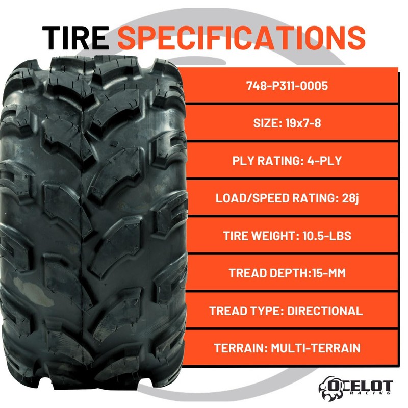 Ocelot P311 All Terrain ATV/UTV 19x7-8 Tires, 4-Ply, 15mm Tread