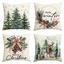 Artoid Mode Pine Trees Reindeer Christmas Cushion Covers Set of 4, 45x45 cm Winter Xmas Decorative Pillow Case Cover Sofa Living Room Decor
