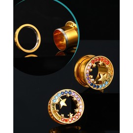 Jewseen Surgical Steel Ear Gauges Plugs Rainbow Cubic Zircon Ear Tunnels Star Gauges for Ears Gold Ear Plugs for Women 2g-5/8’’