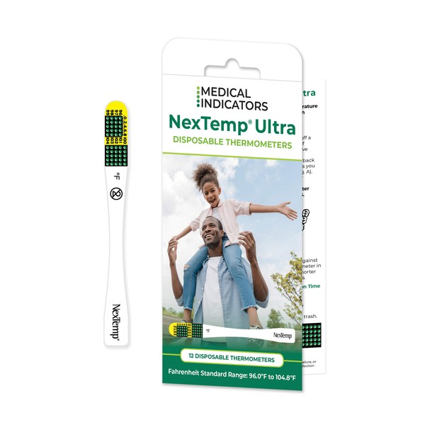NexTemp Ultra Single-Use Thermometers - Individually Wrapped Disposable First Aid Supplies with High-Accuracy Readings, for Work, Home, and Travel, Fahrenheit, 12-Pack, by Medical Indicators Inc.
