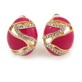 Oval Magenta Pink Enamel Clear Crystal Clip On Earrings In Gold Tone/20mm L