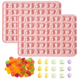 Silicone Fruit Snack Gummy Molds, 66-Cavity Mini Chocolate Candy Molds with Pineapple Banana Cherry Apple and Grape Design, Pink, 2-Pack, BPA-Free