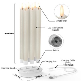 Rechargeable Flameless Taper Candles with Charging Station, 6 Pcs Real Wax LED Taper Candles Flickering with Remote&Timer, 3D Flame Battery Candlesticks for Home Wedding Christmas Decor (Ivory)