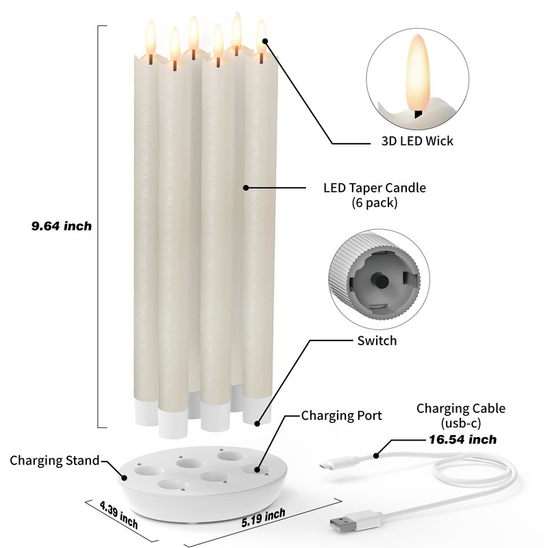 Rechargeable Flameless Taper Candles with Charging Station, 6 Pcs Real
