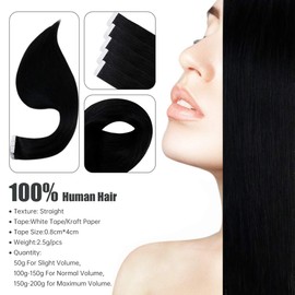 Full Shine Remy Human Hair Tape in Extensions Black 24 Inch Double Sided Tape for Skin Weft Hair Extensions 20Pcs 50 Gram Color 1 Jet Black Seamless Tape in Extensions Remy Human Hair
