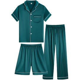 OEIU Girls Boys Silky Satin Pajamas Set 3 Pcs for Kid Children Silk pjs Set Sleepwear Button-up Nightwear Dark Green 170
