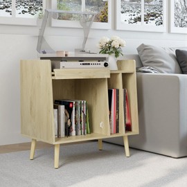 Kiasthome Record Player Stand, Vinyl Record Storage Cabinet Up to 150 Albums, Mid-Century Modern Turntable Side Table with Rattan Door & Solid Wood Legs for Living Room, Bedroom