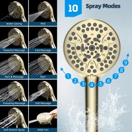 Hibbent 10 Inch High Pressure Rainfall Shower Head Handheld Gold Showerhead 10 Settings