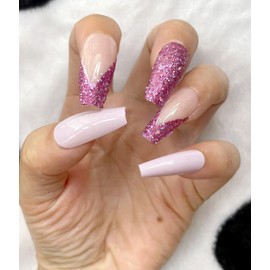 Press on Nails Medium Coffin Pink Glitter French Tip Fake Nails Medium Coffin with Designs Full Cover False Nails Medium Coffin French Tip Glue on Nails Cute Acrylic Thick Stick on Nails for Women Nails Art 24Pcs JP2352