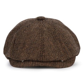 Charmylo Newsboy Style Plate Cap Peaked Cap Men Women - 8 Panel Peaky Herringbone Tweed Retro 1930s Flat Cap Gatsby Cap Flat Hat Fit, Black coffee