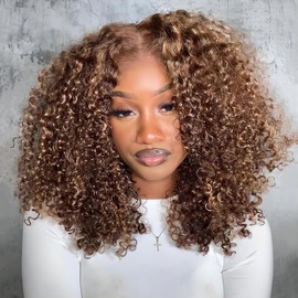 ISEE Wear and Go Glueless Wig Honey Blonde Afro Kinky Curly Lace Front Wigs Human Hair 6x4 HD Lace Wigs for Women Pre Cut Glueless Wigs Human Hair Pre Plucked 18 Inch Highlight Ombre Brown