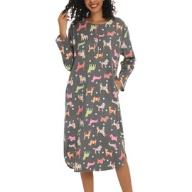 ENJOYNIGHT Womens Long Flannel Nightgown Button Down Sleepshirt Long Sleeve Nightshirt with Pockets (XX-Large,Dog)