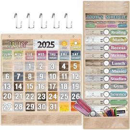 Cholemy 2 Pcs Classroom Monthly Calendar Pocket Chart with 118 Calendar Pocket Chart Cards 31 Daily Schedule Double Sized Reusable Card and 5 Metal Hangers for Home School Learning Supplies(Rustic)