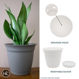 The HC Companies 8 Inch Eclipse Plant Pot - Indoor Outdoor Round Classic Planter with Attached Saucer for Flowers, Vegetables, and Herbs, White
