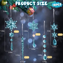 18pcs Crystal Christmas Ornaments for Christmas Tree Decorations- Light Blue Hanging Acrylic Snowflake and Icicle Ornaments with Drop Pendants for Christmas Tree New Year Party Decorations Supplies