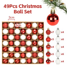Set of 49 Christmas Baubles Red White 3 cm Plastic Christmas Tree Baubles Hooks Christmas Baubles Small for Christmas Tree Decorations, Tree Baubles Christmas Decoration Baubles Pendant Mini Tree