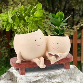 KIUGCO Smiley Face Planter Pots for Plants, Cute Head Planter, Indoor Outdoor Unique Chair Succulent Flower Pots, Modern Lady Head Vase Girl Face Planter for Mother’s Day and Christmas