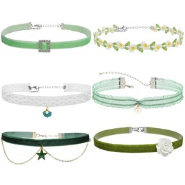 Nova&Aria 6PC Green Chokers Set For Women Leaf Pearl Choker Necklaces Flower Pendant Velvet Cute Choker Necklace Classic Tattoo Colorful Lace Chokers-21