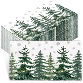 JarThenaAMCS 100Pcs Christmas Guest Napkins Horizontal Disposable Paper Napkins Watercolor Pine Forest Snowflake Dinner Hand Napkins For Xmas Winter Party Supplies