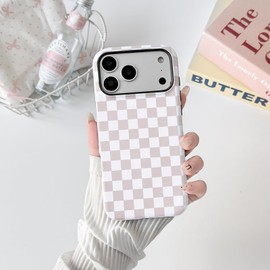 Lovmooful Magnetic foriPhone 17 Pro Max Case Lattice Plaid-Khaki&White