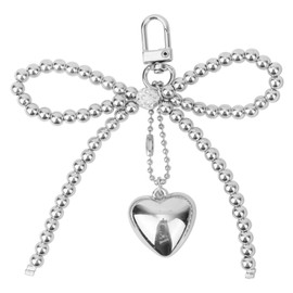 Bow Bag Charm, Silver Beaded Bow Phone Charm Heart Pendant Bow Pearl Keychain for Women Fashionable Bowknot Hanging Accessories for Bags, Purses, Wallets, Mobile Phones, Keys, Car Keys