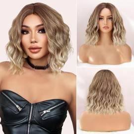 Kafangu Ombre Blonde Wig for Women Short Wavy Bob wigs 12 inch Synthetic Curly Wig Middle Part Heat Resistant Fiber for Daily Party Cosplay Use
